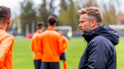 Fototapeta premium A coach observes players during a training session on a football field.