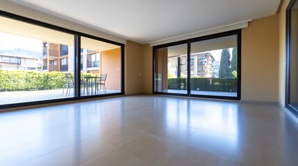 Obraz premium Brightly lit empty room boasts expansive glass doors showcasing serene outdoor patio. AI Generated
