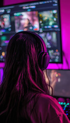 Fototapeta premium Gaming Influencer Live Streaming with Headset in RGB-Lit Room for Gaming Content Creation