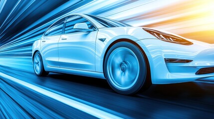 Obraz premium Futuristic Electric Car Speeding Through a Tunnel, High-Speed Motion Blur, Blue Light Streaks