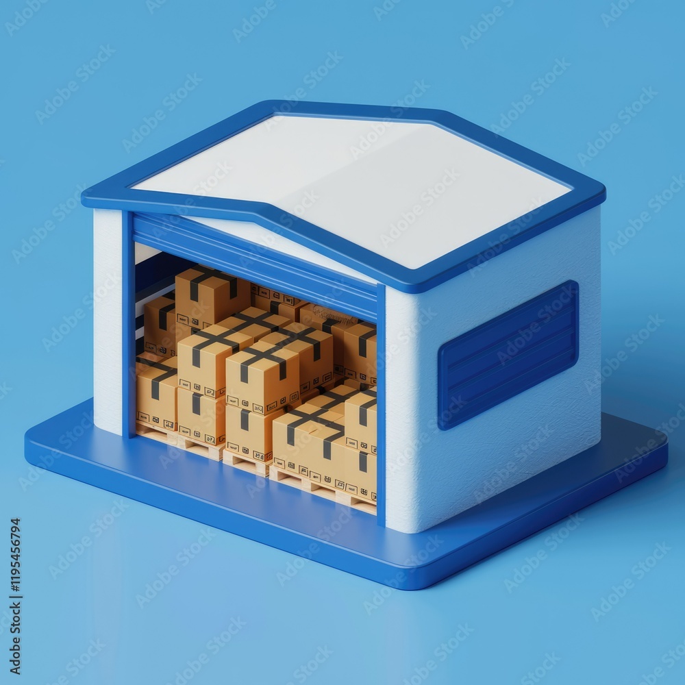 Poster A miniature warehouse with its loading dock open, revealing neatly stacked cardboard boxes.