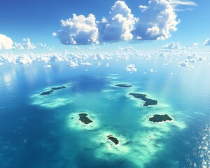 An island chain in the middle of a calm sea, with emerald waters and scattered clouds