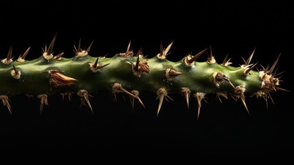 A close-up shot of a green plant stem adorned with sharp brown spikes against black