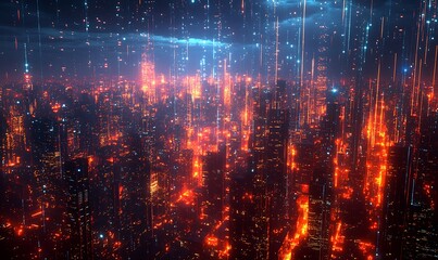 Fototapeta premium the city is overlaid with glowing holographic light trails forming a grid