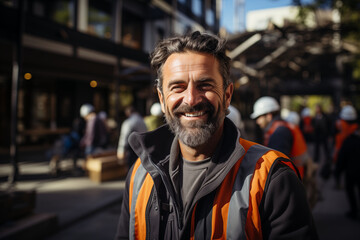 Fototapeta premium Happy Construction Worker Smiles Outdoors. A cheerful middle-aged man, dressed in a dark jacket and bright orange safety vest, smiles warmly.