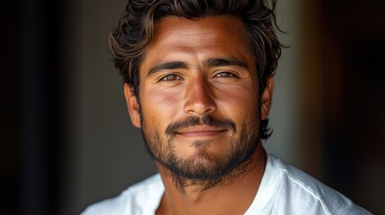 Obraz premium Portrait of a smiling man with tousled hair, showcasing natural beauty and confidence in a warm setting