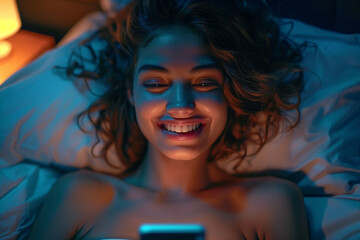 A Joyful Young Woman Lying in Bed at Night, Smiling as She Uses Her Smartphone, Illuminated by Its Light
