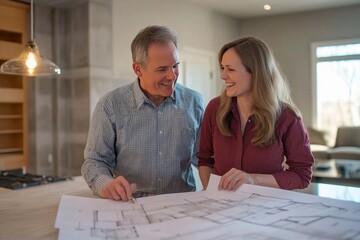 Couple discussing home design plans in a bright modern kitchen
