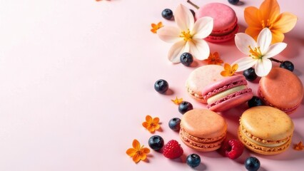 On a pink background there are macaroons, flowers and fruits