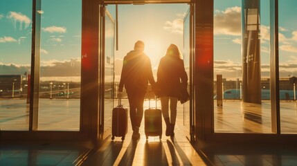 Mature Couple's Adventurous Arrival in a Sunlit Cityscape with Luggage at Airport Entrance