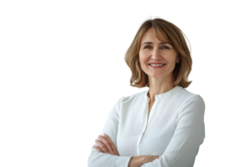 Portrait of 50 years old smiling woman looking at camera with crossed arms. Happy girl standing in creative office. Successful businesswoman standing in white background


