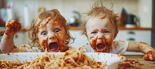 Playful Toddlers Engaged in a Messy Spaghetti Food Fight in Cozy Family Kitchen