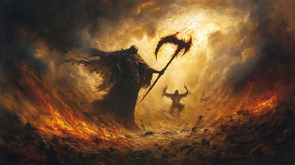 Grim Reaper Figure Dominates Fiery Battlefield Chaos