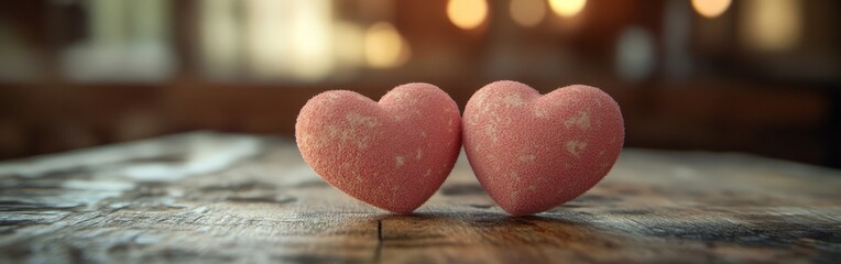 Fototapeta premium Two red wooden hearts on a rustic white background, symbolizing love and togetherness.