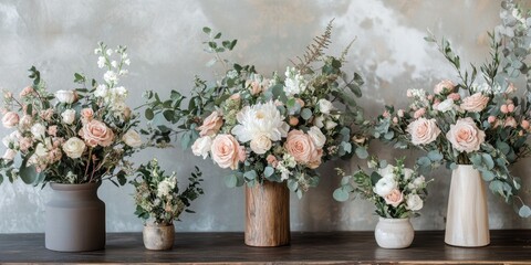 A collection of floral arrangements in different vases showcases soft pastel roses and greenery against a textured wall, arranged for aesthetic appeal