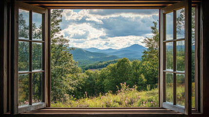 Fototapeta premium Beautiful Wood window views mountain view nature landscape scene scenery wallpaper backdrop