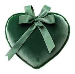 Coussin velouté vert foncé en forme de cœur avec nœud en ruban satin, cadeau de Saint-Valentin, isolé sur fond transparent