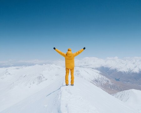 Triumphant Trekker in Vibrant Yellow on Snowy Mountain Peak