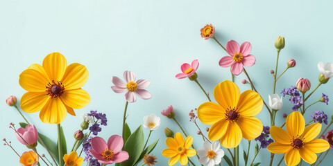 A colorful flower garden with a variety of flowers including daisies, sunflowers, and marigolds