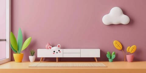 A room with a pink wall and a white couch. A white box with a white rabbit on it sits on the couch