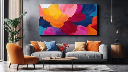Vibrant abstract art display modern living room art installation cozy interior eye-level perspective creative expression