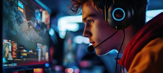 Obraz premium Intense Focus of a Professional Gamer in a Competitive Tournament Setting