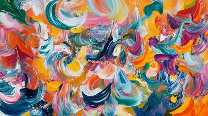 Vibrant swirls dance joyfully in this abstract painting Rich warm colors create a lively energetic mood. AI Generated