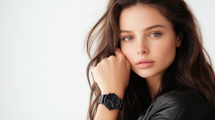 Fototapeta premium Portrait of a Young Woman with Long Brown Hair Wearing a Black Watch