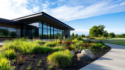 Eco Friendly and Geothermal Powered Cultural Hub Surrounded by Lush Landscaping   Modern glass and steel building nestled in a serene garden setting