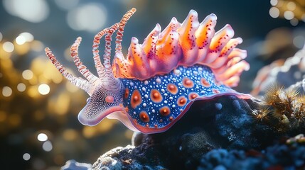 Obraz premium A close-up of a colorful nudibranch clinging to a rock, illustrating the beauty of marine invertebrates and the diversity of ocean life 