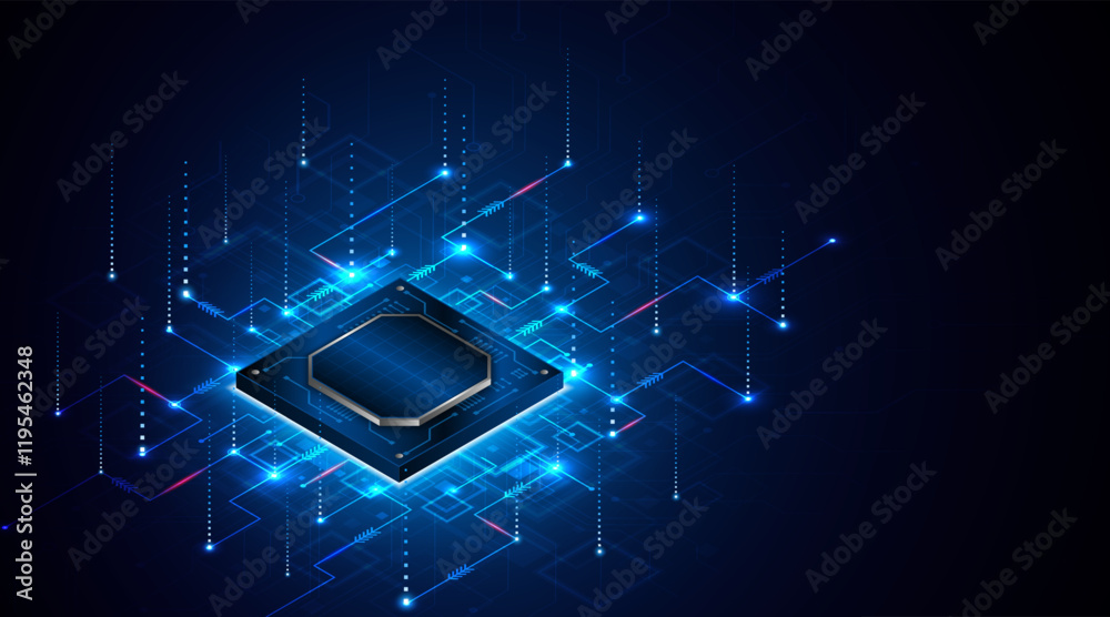 Aufkleber Microchip processor circuit board technology on dark blue background. Information Processing Concept. Circuit board hi-tech technology background. vector illustration	