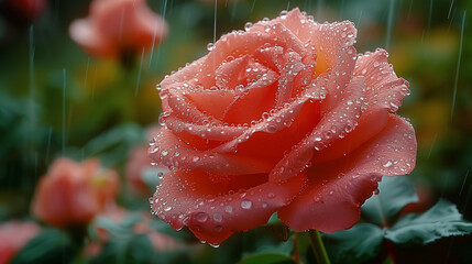 A close-up image of a vibrant pink rose with delicate raindrops glistening on its petals amidst a soft-focus greenery background, evoking a sense of freshness and natural beauty