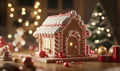 Festive gingerbread house with candy canes and Christmas decorations.