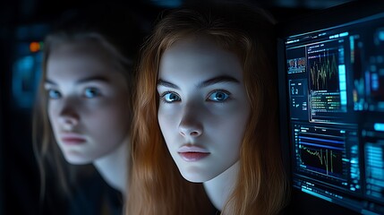 Two young women focused on computer screen.