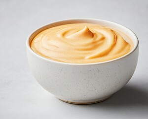 Elegant Macro Shot of Creamy Honey Mustard Sauce with Golden Swirls in White Bowl