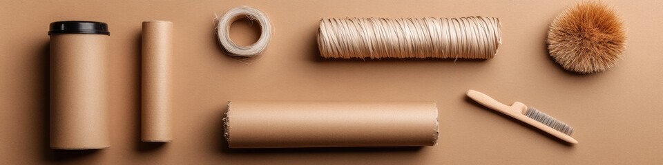 Obraz premium Flat Lay of Upcycled Materials Showcasing Sustainable DIY Crafts on Neutral Background