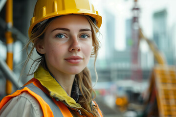 Portrait of a Young Female Construction Worker in Safety Gear with Urban Background Reflecting the Growing Role of Women in the Construction Industry