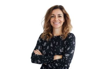 Portrait of 50 years old smiling woman looking at camera with crossed arms. Happy girl standing in creative office. Successful businesswoman standing in white background


