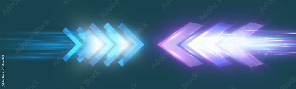 Poster Light and speed dynamic glowing arrow on dark background, futuristic design with vibrant colors and motion effects, suitable for technology, progress, or direction concepts.	