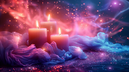A magical scene of three candles with glowing flames surrounded by mystical swirls and sparkling particles on a dark, ethereal background