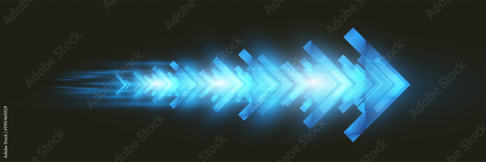 Poster Light and speed dynamic glowing arrow on dark background, futuristic design with vibrant colors and motion effects, suitable for technology, progress, or direction concepts.	