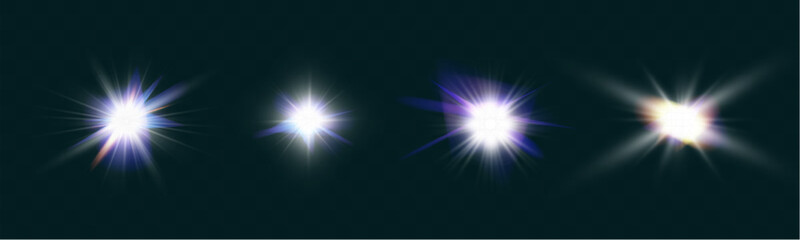 Set of glowing light effects with lens flares, starbursts, and radiant beams on a transparent background. Bright, luminous elements suitable for overlays and decoration.