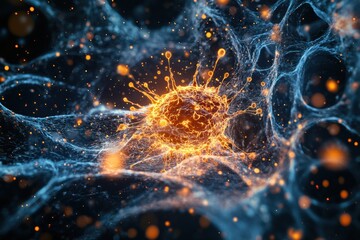 Magnified view of a human cell under attack by a virus in a dynamic cellular environment. Generative AI