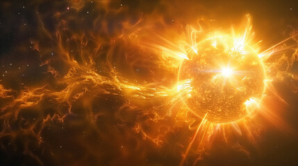 Stunning Illustration of a Solar Flare Featuring Eruptive Prominences and Magnetic Field Lines in a Vivid Cosmic Setting