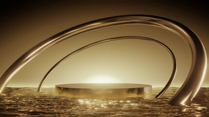 Abstract golden podium surrounded by elegant metallic arches and reflective liquid surface, perfect for luxury product display or branding. - Powered by Adobe