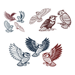 Obraz premium Collection of Stylized Owl Illustrations in Various Poses and Designs 
