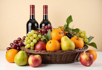 Basket of fruit with two wine bottles