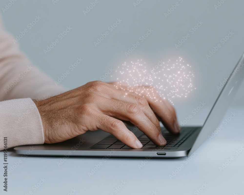 Poster modern digital interaction hands typing on laptop with soft minimalist lighting