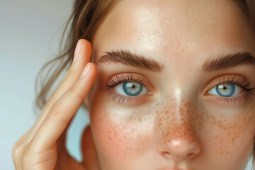 Naklejka premium Close-up portrait of a young woman with striking blue eyes and natural freckles, her hand gently touching her face