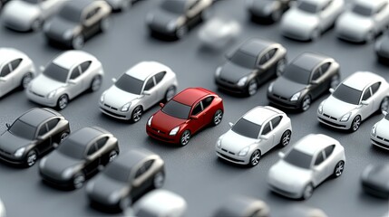 A vast array of gray vehicles fills the view, with one striking red car boldly standing out